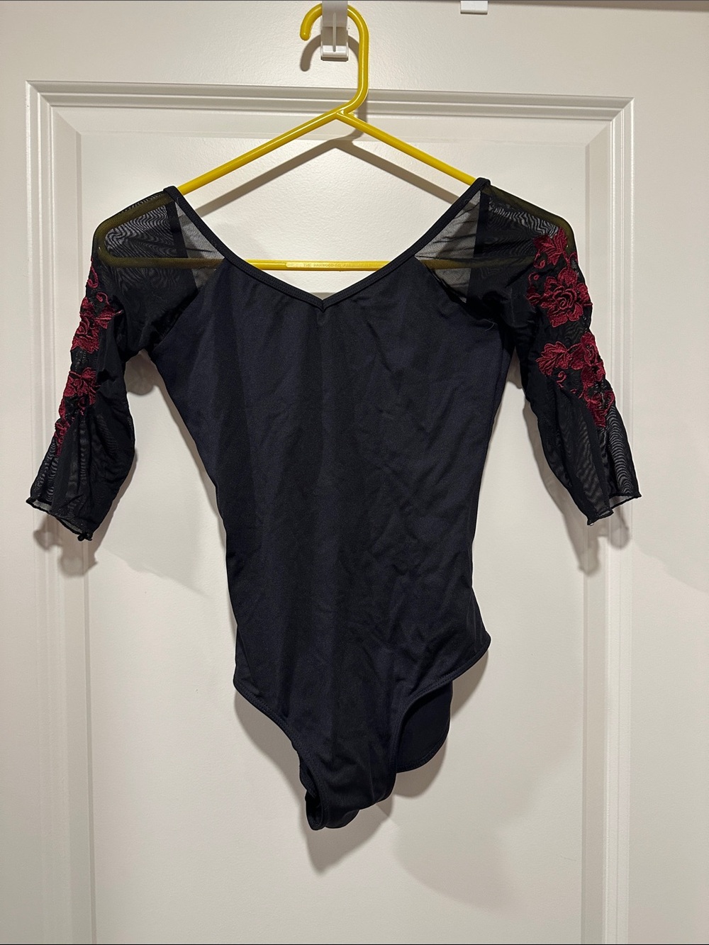 Black Mesh Sleeve leotard for ballet with Red Floral Embroidery